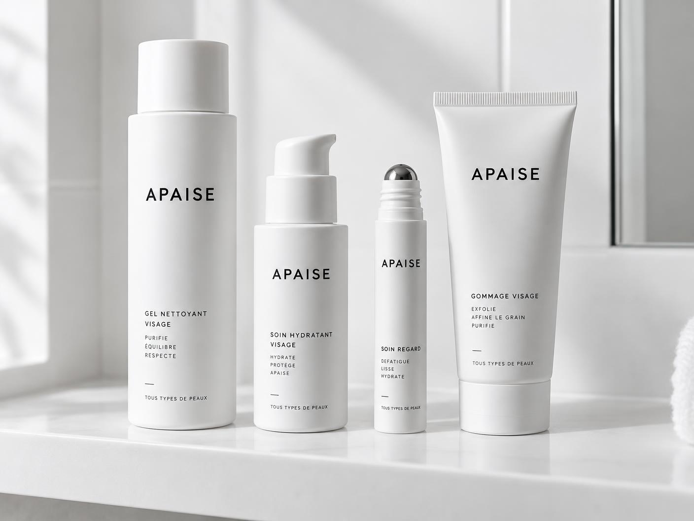 La gamme de soins visage GAVREL réunie dans une salle de bain lumineuse